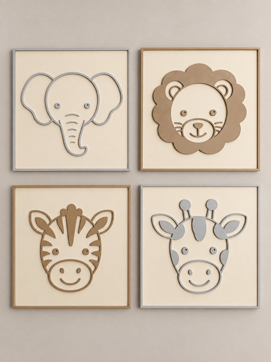 COLEÇÃO PLACAS DECORATIVAS SAFARI (ELEFANTE, ZEBRA, LEÃO, GIRAFA)